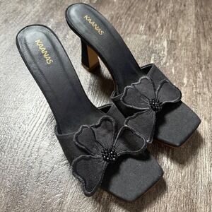 KAANAS Floral Applique Mule Sandals Women 8 Black Square Toe Flared Block Heel